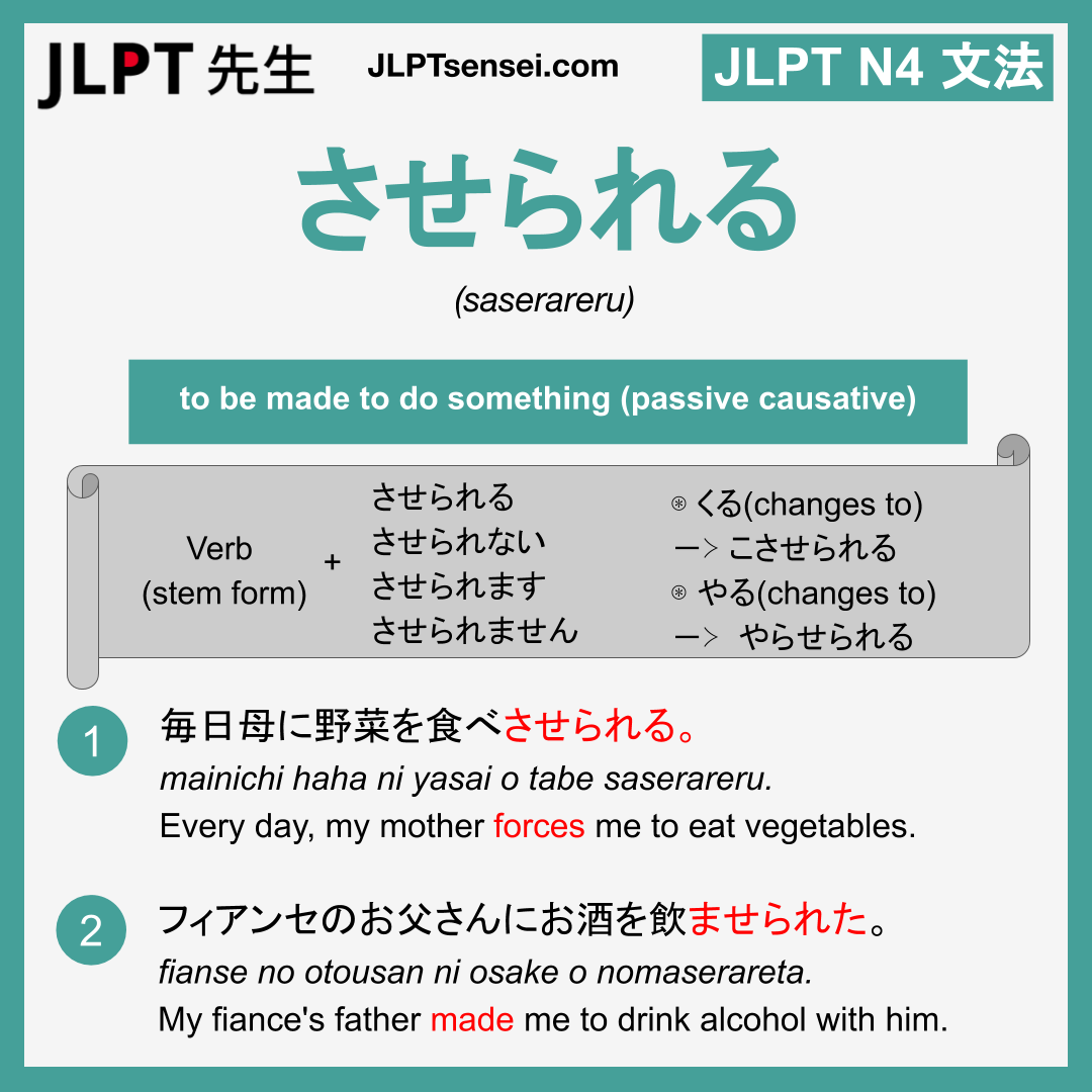 saserareru させられる させられる jlpt n4 grammar meaning 文法 例文 learn japanese