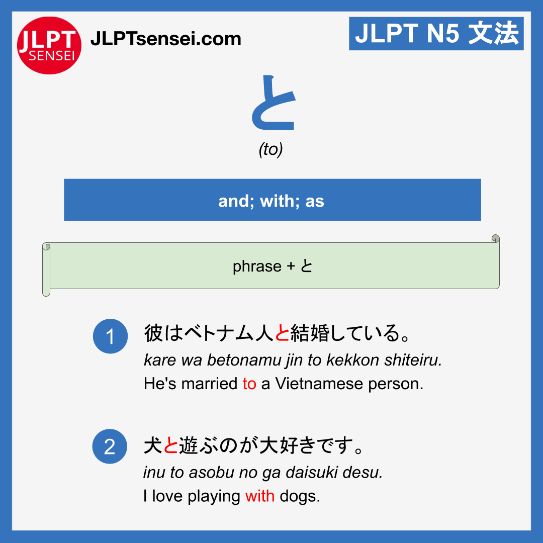 to と particle jlpt n jlpt n grammar meaning 文法 例文 learn japanese flashcards Guia de Japones