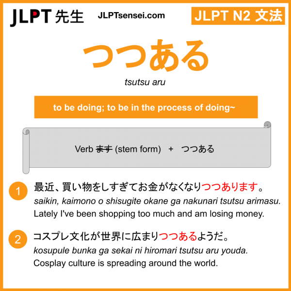 tsutsu aru つつある jlpt n grammar meaning 文法 例文 learn japanese flashcards Guia de Japones