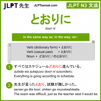 toori ni とおりに jlpt n3 grammar meaning 文法 例文 learn japanese flashcards