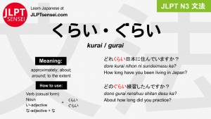 kurai gurai くらい ぐらい jlpt n3 grammar meaning 文法 例文 japanese flashcards