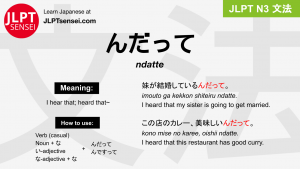 ndatte んだって jlpt n3 grammar meaning 文法 例文 japanese flashcards