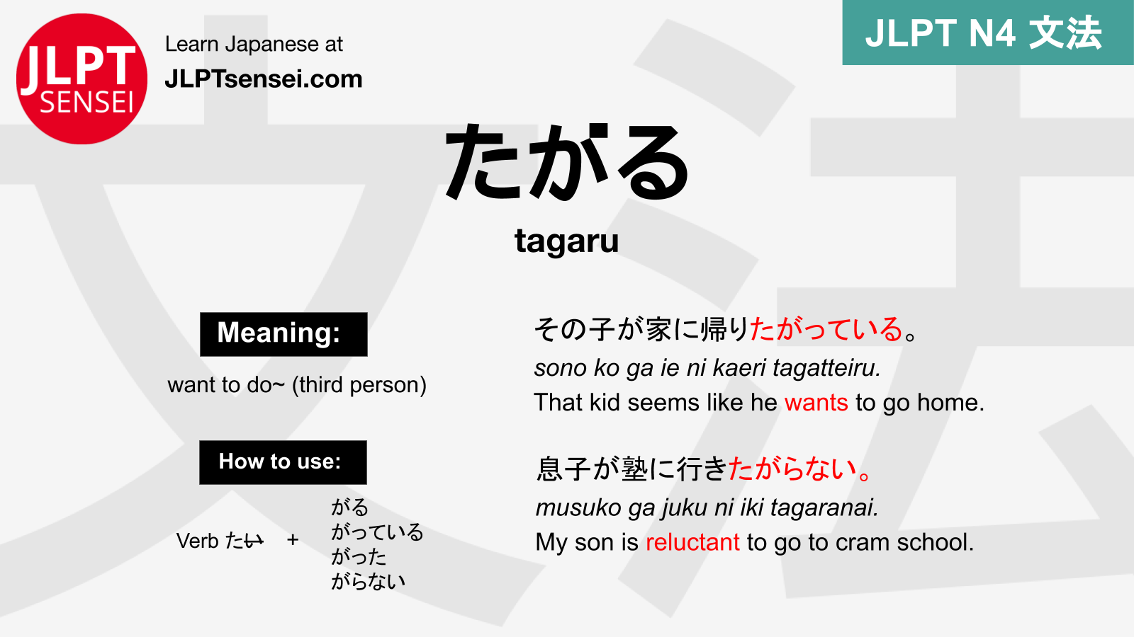 N4 Grammar たがる (tagaru) Learn Japanese JLPT Sensei
