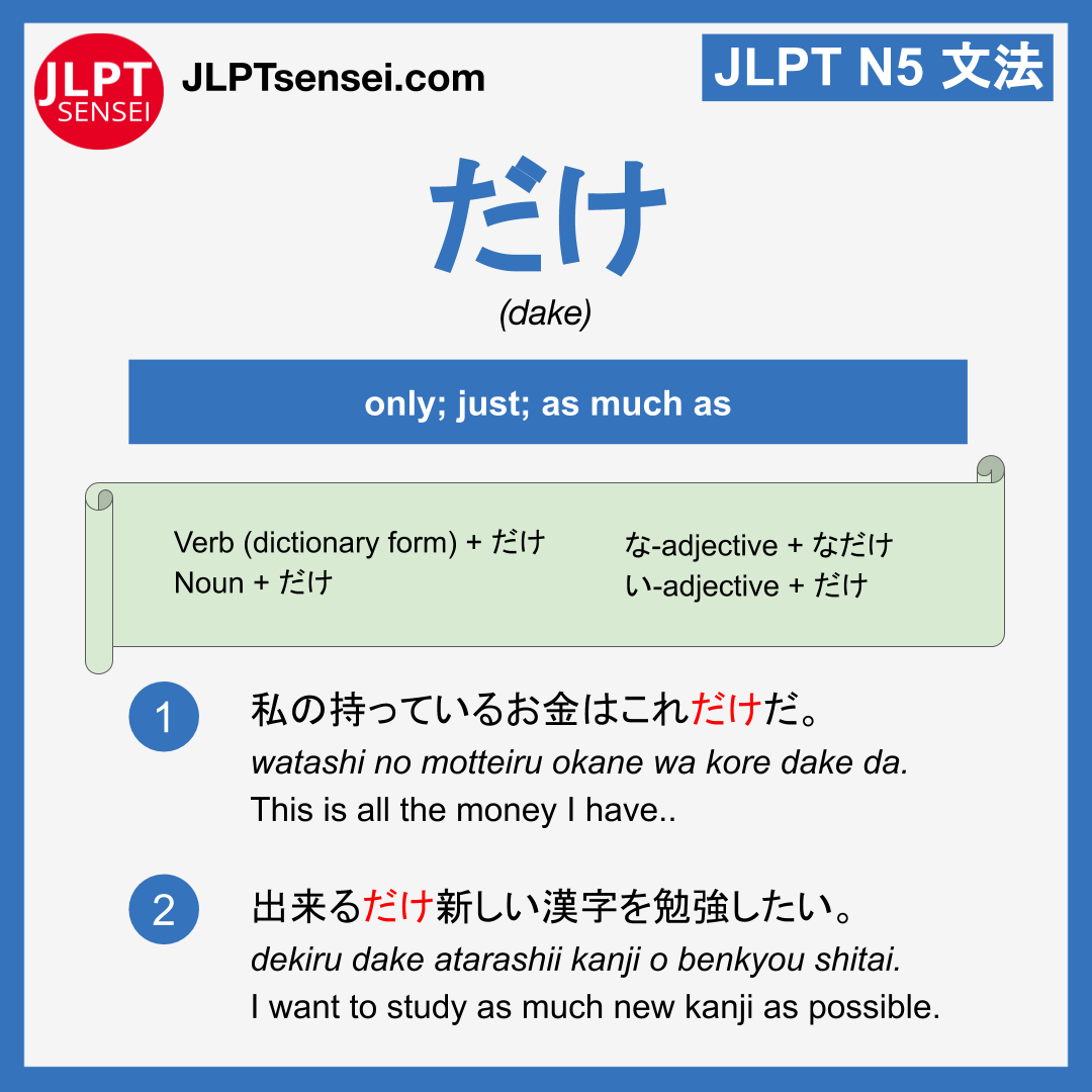 dake だけ jlpt n5 grammar meaning 文法例文 learn japanese flashcards – Guia ...