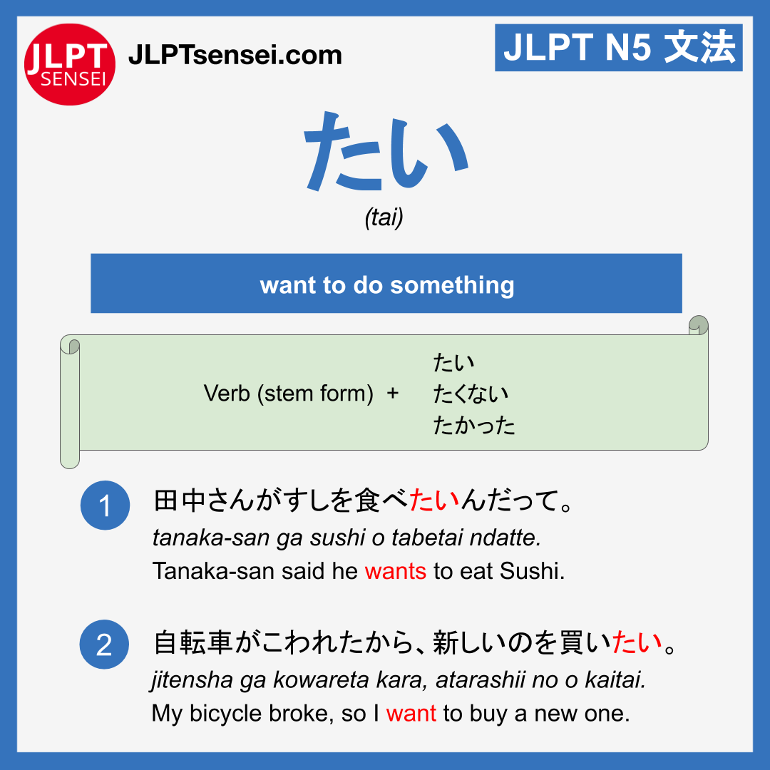 tai たい jlpt n5 grammar meaning 文法 例文 learn japanese flashcards – Guia ...
