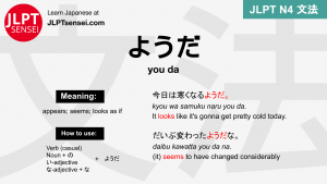 you da ようだ ようだ jlpt n4 grammar meaning 文法 例文 japanese flashcards