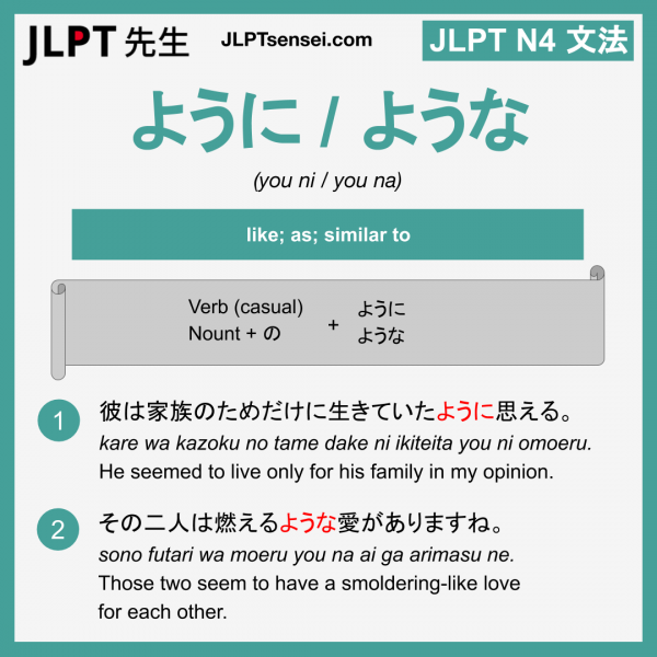 you ni you na ように ような ように ような jlpt n4 grammar meaning 文法 例文 learn japanese flashcards