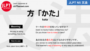 kata 方 かた jlpt n5 grammar meaning 文法例文 japanese flashcards