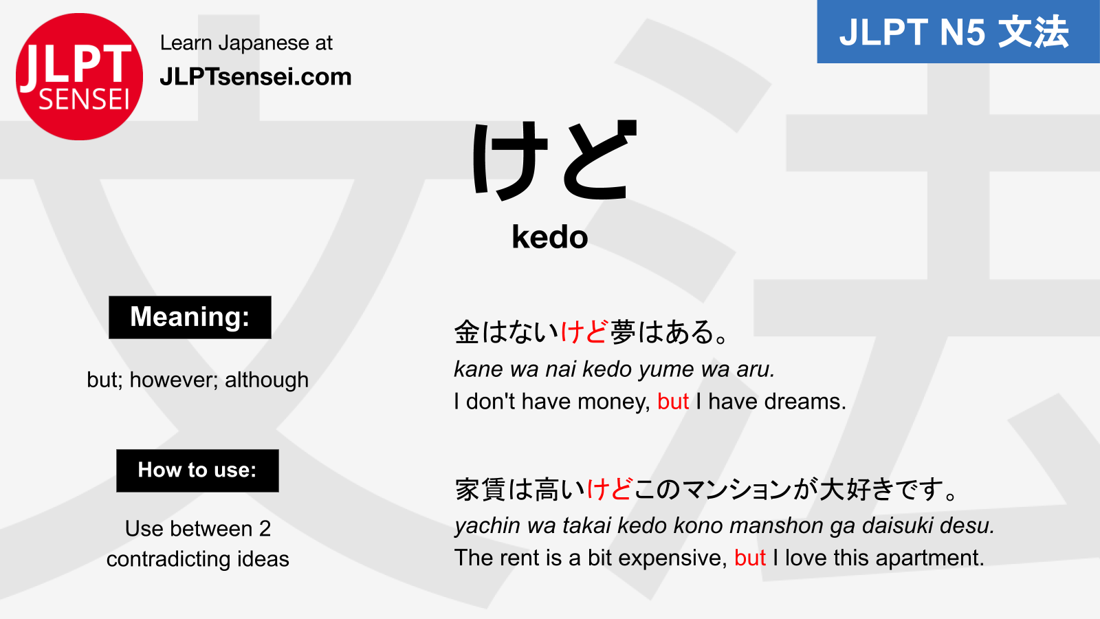 Kedo けど Jlpt N5 Grammar Meaning 文法例文 Japanese Flashcards Guia De Japones