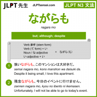 nagara mo ながらも jlpt n3 grammar meaning 文法 例文 learn japanese flashcards