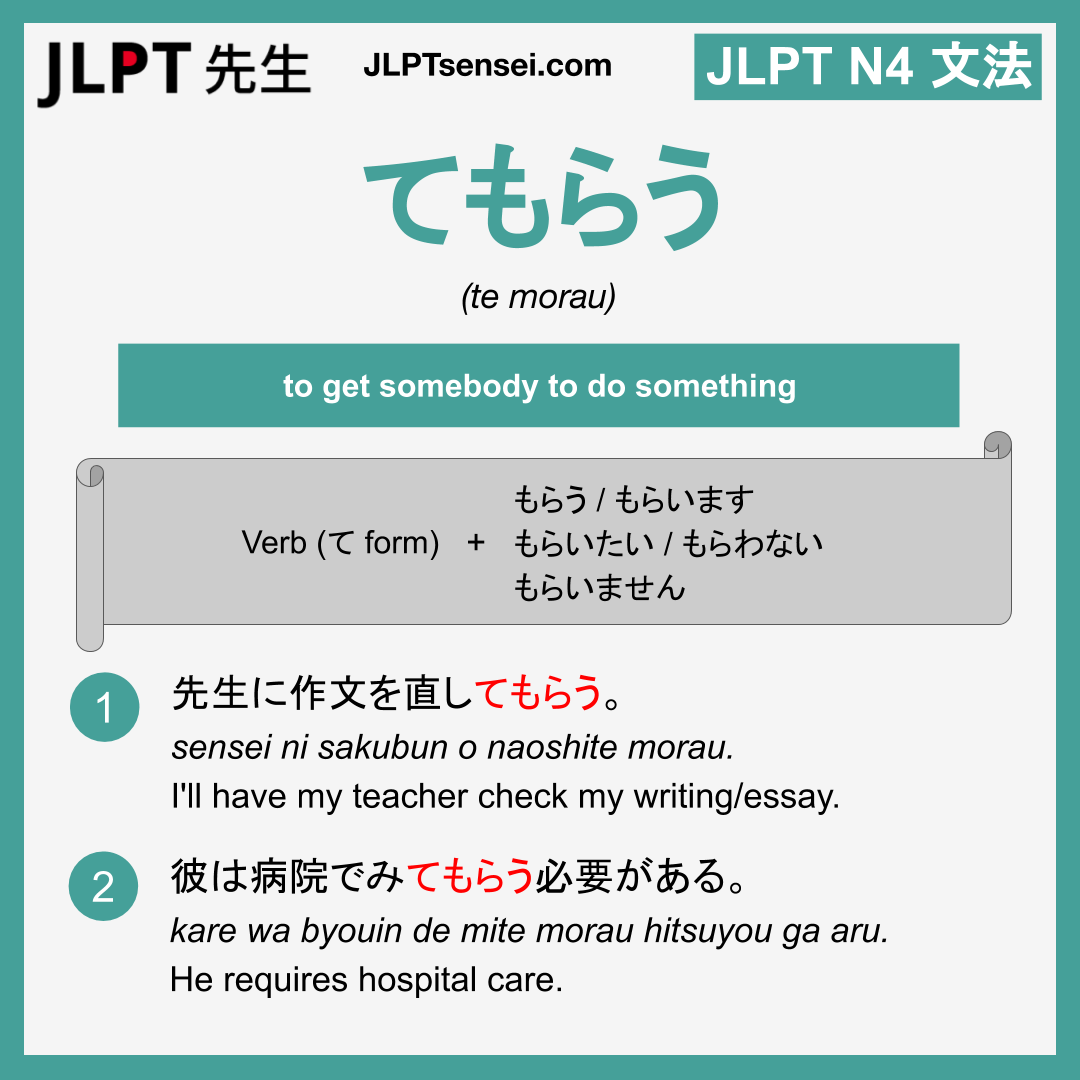 te morau てもらう てもらう jlpt n4 grammar meaning 文法 例文 learn japanese ...