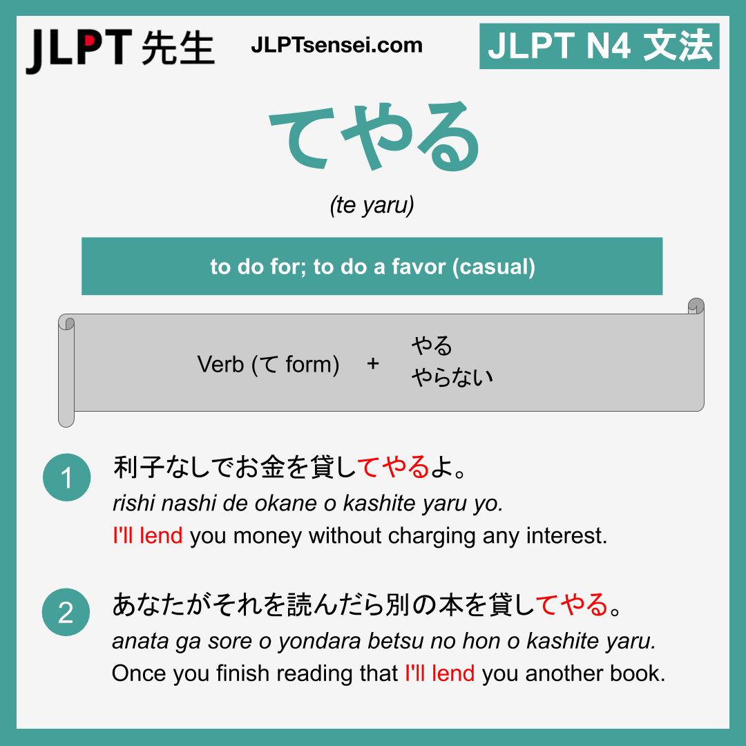 te yaru てやる てやる jlpt n4 grammar meaning 文法 例文 learn japanese flashcards ...
