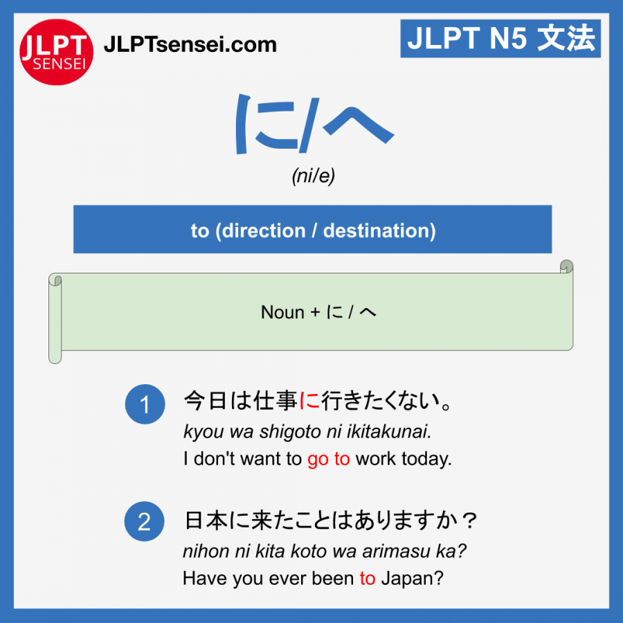 ni&e direction particle に へ jlpt n5 grammar meaning 文法例文 learn japanese ...