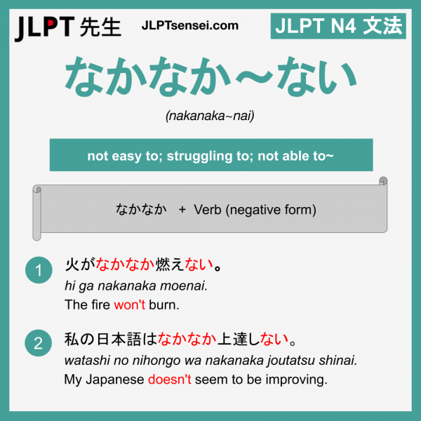 nakanaka~nai なかなか～ない なかなか～ない jlpt n4 grammar meaning 文法 例文 learn japanese flashcards