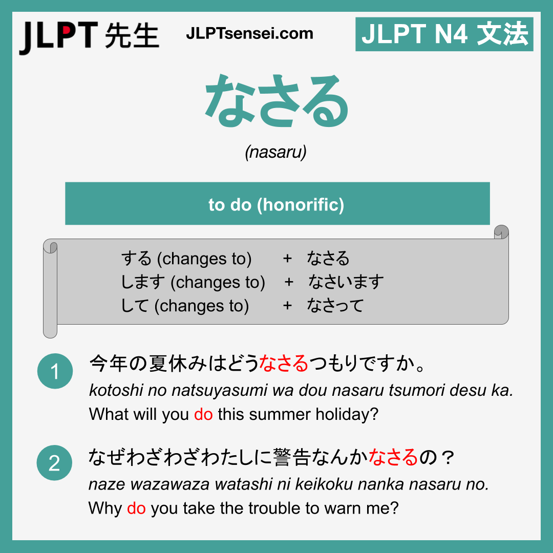 nasaru なさる なさる jlpt n4 grammar meaning 文法 例文 learn japanese flashcards ...