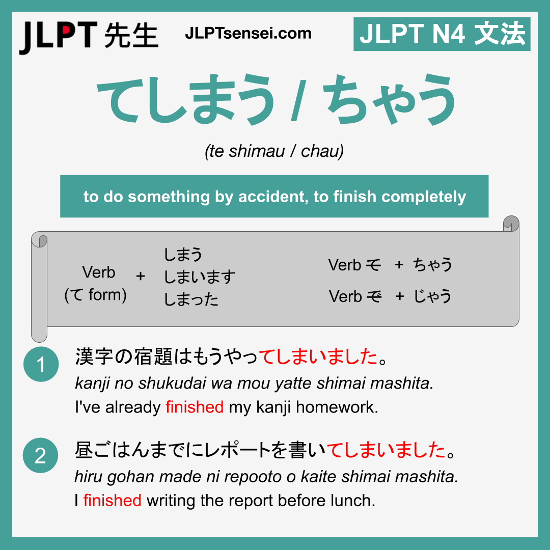 te shimau chau てしまう ちゃう jlpt n4 grammar meaning 文法 例文 learn japanese ...