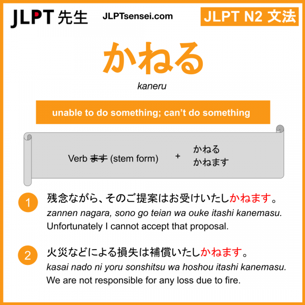 kaneru かねる jlpt n2 grammar meaning 文法 例文 learn japanese flashcards ...