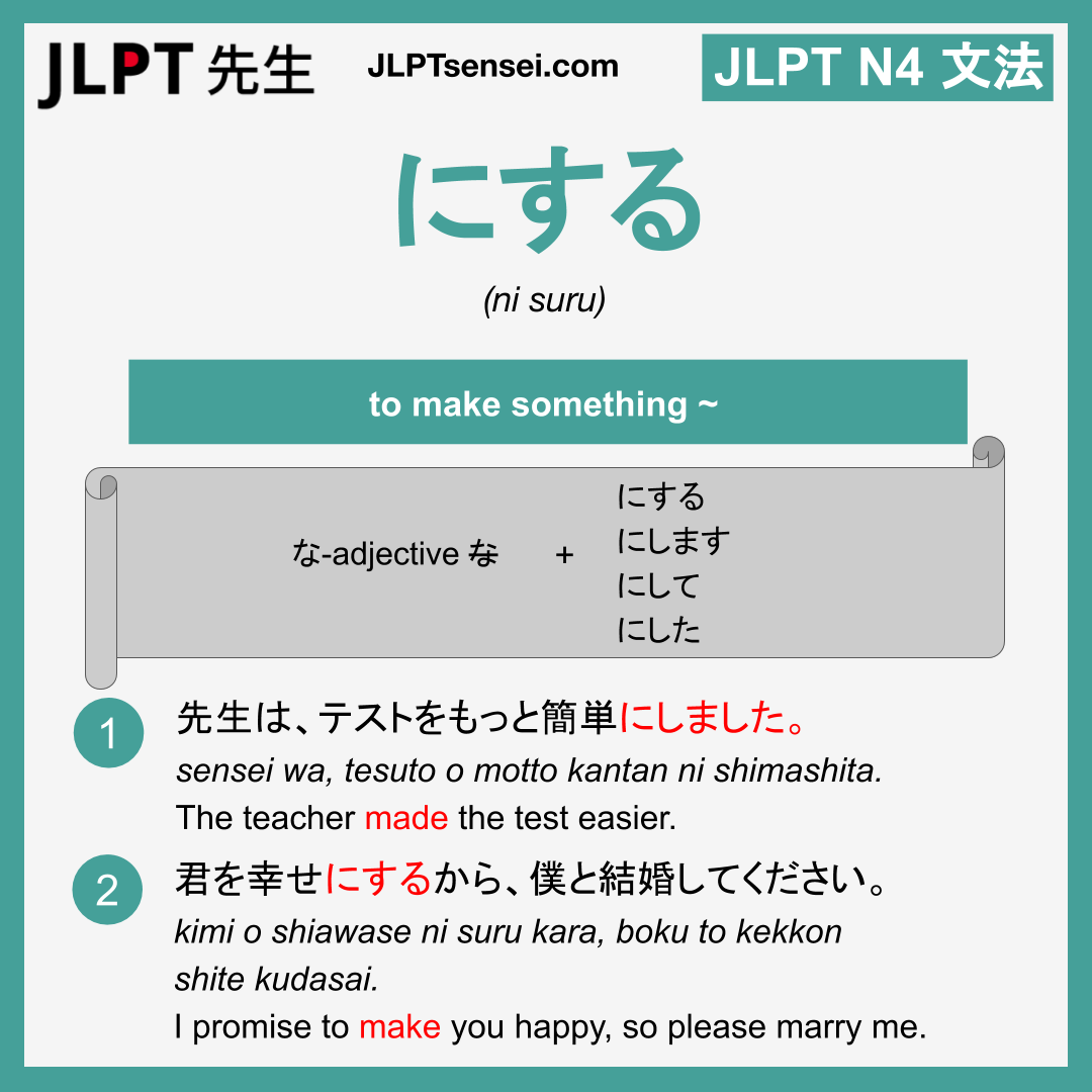 ni suru にする にする jlpt n4 grammar meaning 文法 例文 learn japanese flashcards ...