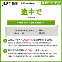 tochuu de 途中で とちゅうで jlpt n3 grammar meaning 文法 例文 learn japanese flashcards