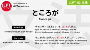 tokoro ga ところが jlpt n3 grammar meaning 文法 例文 japanese flashcards