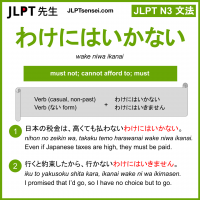 wake niwa ikanai わけにはいかない jlpt n3 grammar meaning 文法 例文 learn japanese flashcards