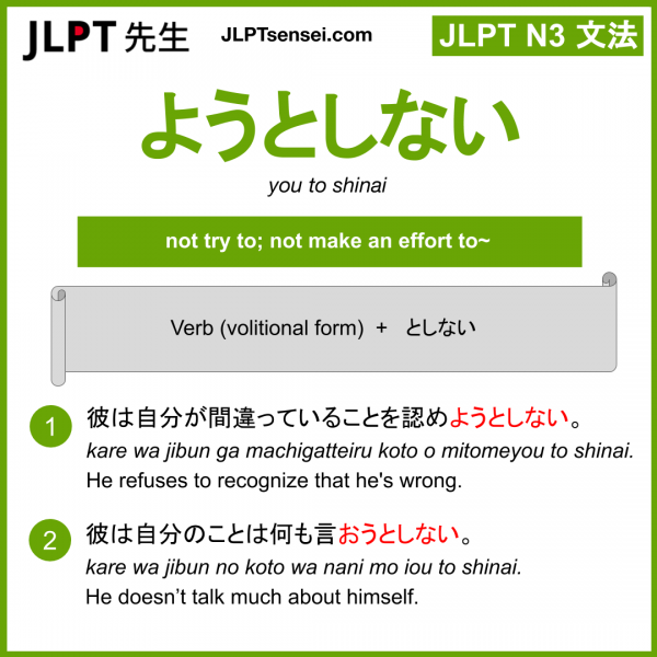 you to shinai ようとしない jlpt n3 grammar meaning 文法 例文 learn japanese flashcards