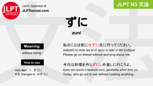 zuni ずに jlpt n3 grammar meaning 文法 例文 japanese flashcards