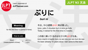 buri ni ぶりに jlpt n3 grammar meaning 文法 例文 japanese flashcards