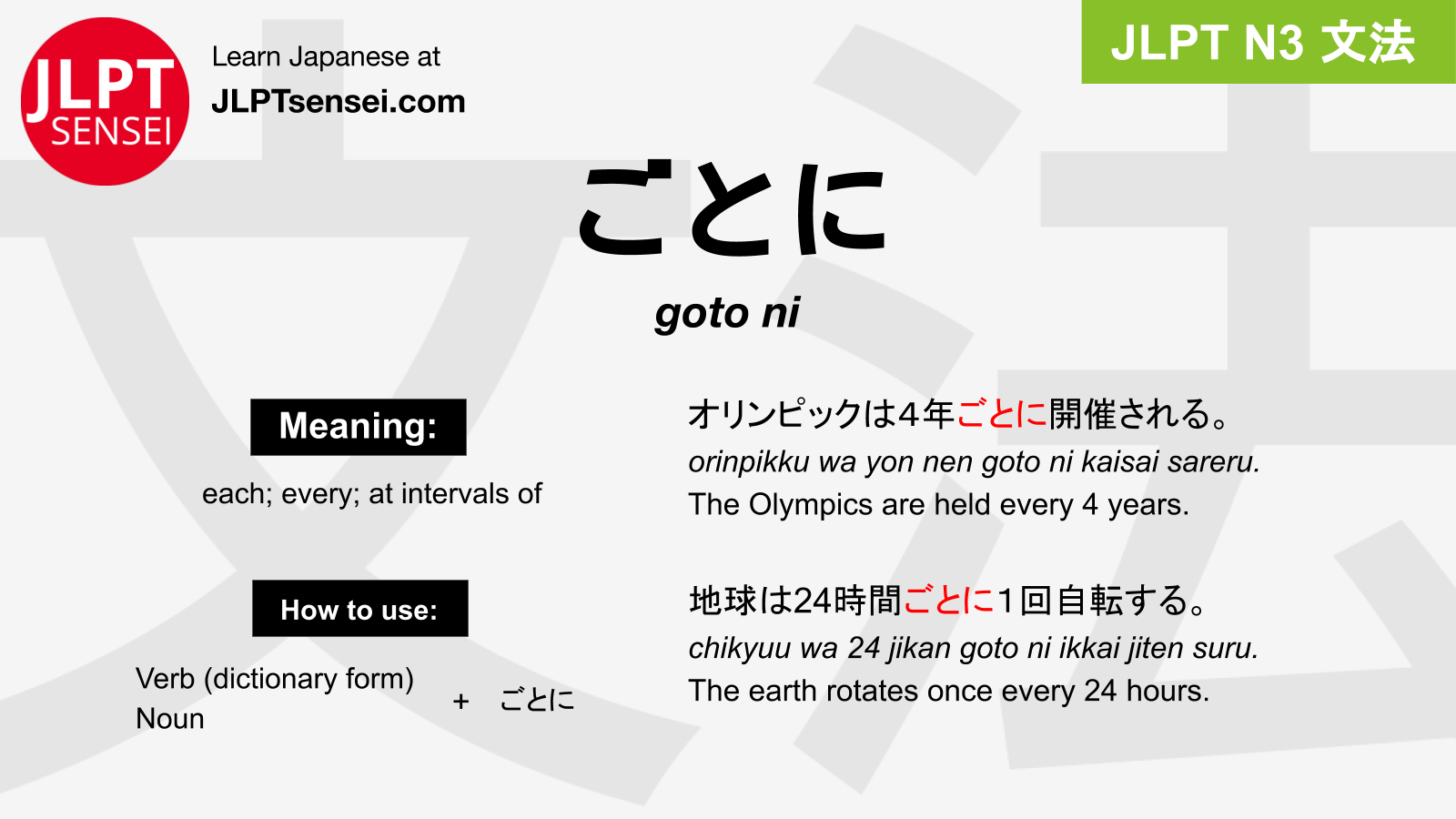 Gramática JLPT N3: ごとに (goto ni) Significado – guiadejapones.com