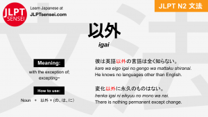 igai 以外 いがい jlpt n2 grammar meaning 文法 例文 japanese flashcards