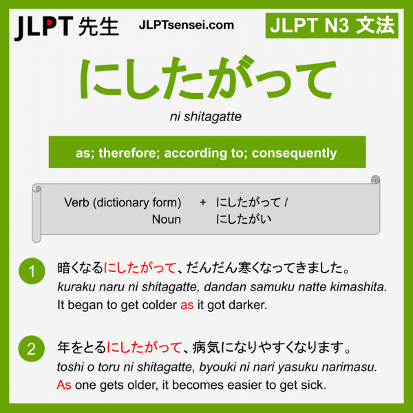 ni shitagatte にしたがって に従って jlpt n3 grammar meaning 文法 例文 learn japanese flashcards