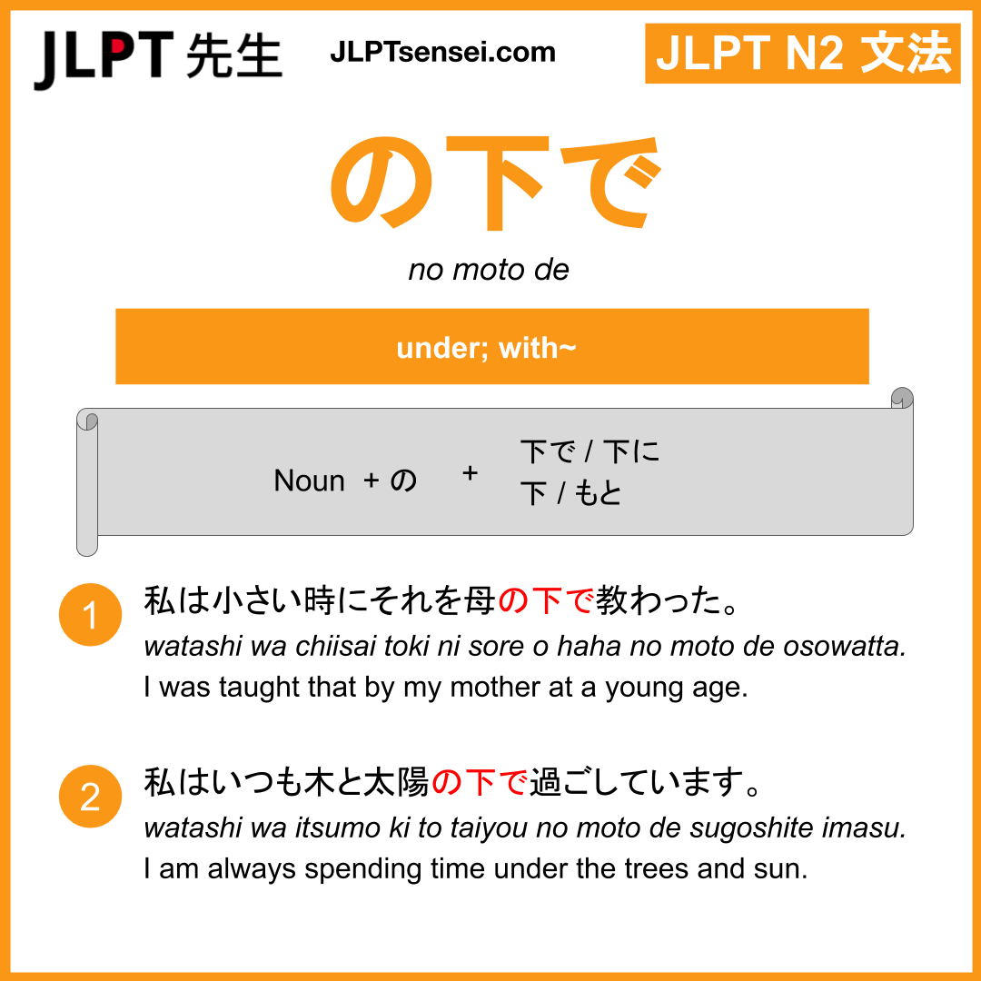 no moto de の下で のもとで jlpt n2 grammar meaning 文法 例文 learn japanese ...