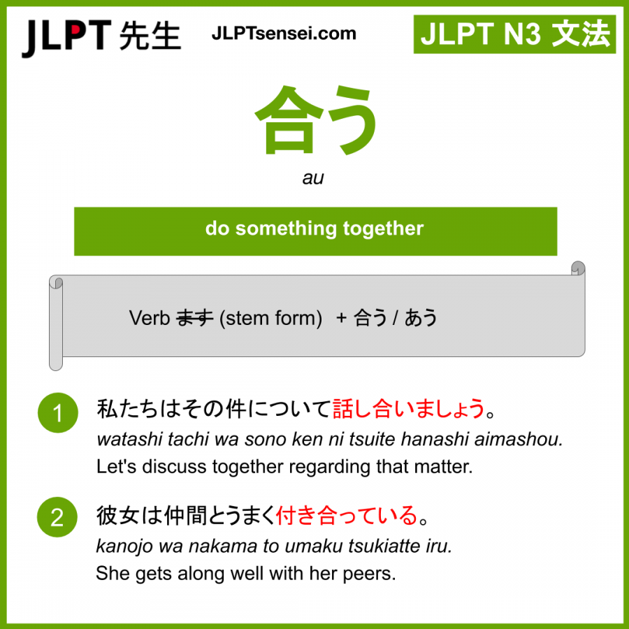 au 合う あう jlpt n3 grammar meaning 文法 例文 learn japanese flashcards – Guia ...