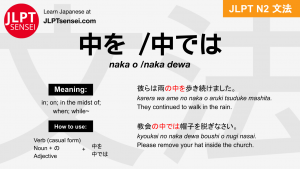 naka o 中を なかを naka dewa 中では なかでは jlpt n2 grammar meaning 文法 例文 japanese flashcards