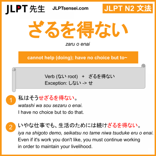 zaru o enai ざるを得ない ざるをえない jlpt n2 grammar meaning 文法 例文 learn japanese flashcards